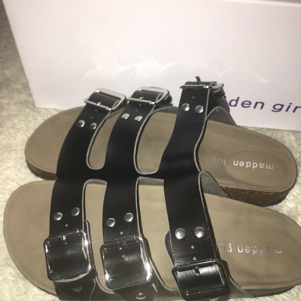 Madden Girl Ella Black Triple Buckle Slide Sandals‎ Size 7M